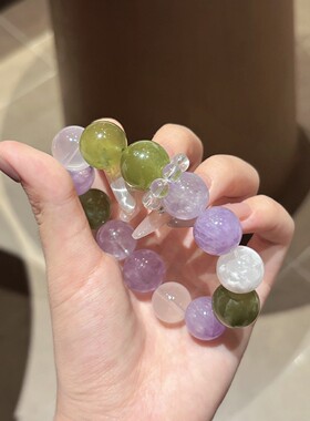 迢茉 天然青提奶 盖薰衣草紫 白雪花幽灵水晶多宝手串大咪12-16mm
