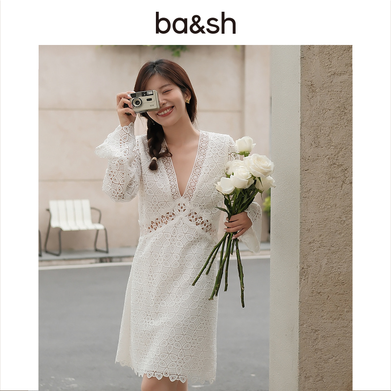 ba&sh2024春秋新款法式长袖短裙wedding白色气质连衣裙1E24GALI-图0