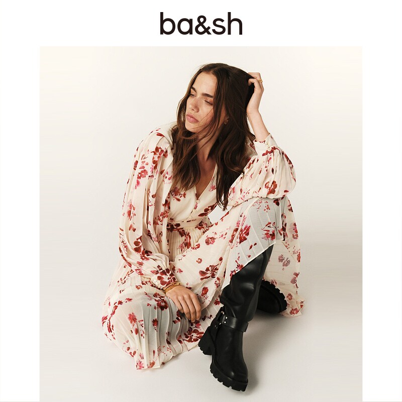 【预售甄选】ba&sh2025早春新款法式双生玫瑰百褶连衣裙1E25PATL