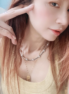 真多麻铂金灰贝珠仿珍珠猫眼石渐变百搭项链脖颈毛衣卫衣个性528