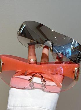 骑行防风眼镜防蚊虫风沙2024新款欧美风无框连体墨镜科技感太阳镜