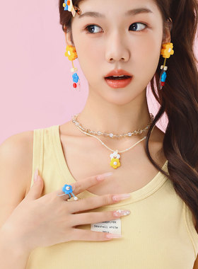 蒜了珍珠项链亚克力花朵锁骨链叠穿颈链串珠搭配少女甜美穿搭配饰