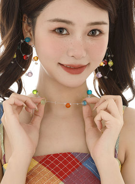 蒜了彩色糖豆项链可爱度假锁骨链简约日常甜美颈链多巴胺女不撞款