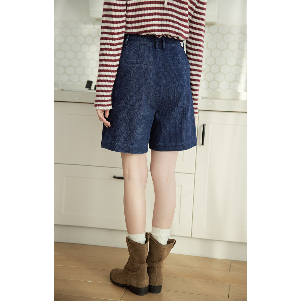 solighter法式复古人字纹牛仔短裤女春季2025新款阔腿宽松五分裤 - 图2