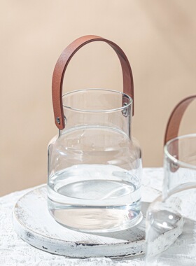 ins风皮革手提玻璃花瓶简约花器家居装饰品收纳摆件烛台水培花瓶