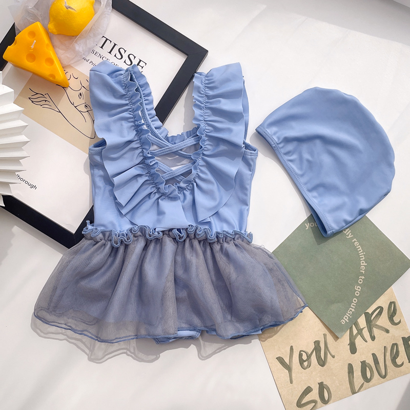 女童泳衣新款公主风网纱裙式连体女孩游泳衣ins度假中小童泳装 - 图0