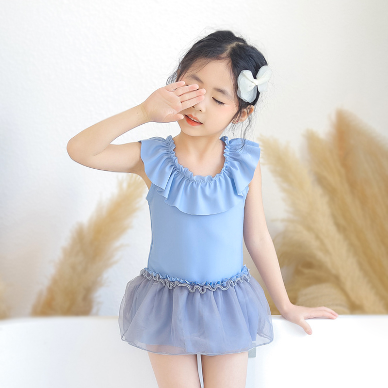 女童泳衣新款公主风网纱裙式连体女孩游泳衣ins度假中小童泳装 - 图1