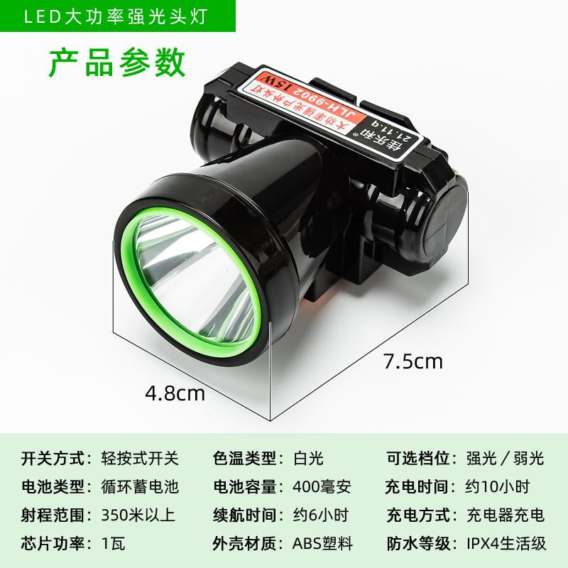 佳乐和外贸LED锂电池头戴式80W照明超亮两档野外露营充电式头灯