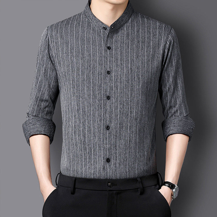 春秋新款亚麻中国风衬衫男长袖立领中年商务休闲条纹棉麻免烫衬衣,淘宝优惠券,粉丝福利购,淘宝优惠卷