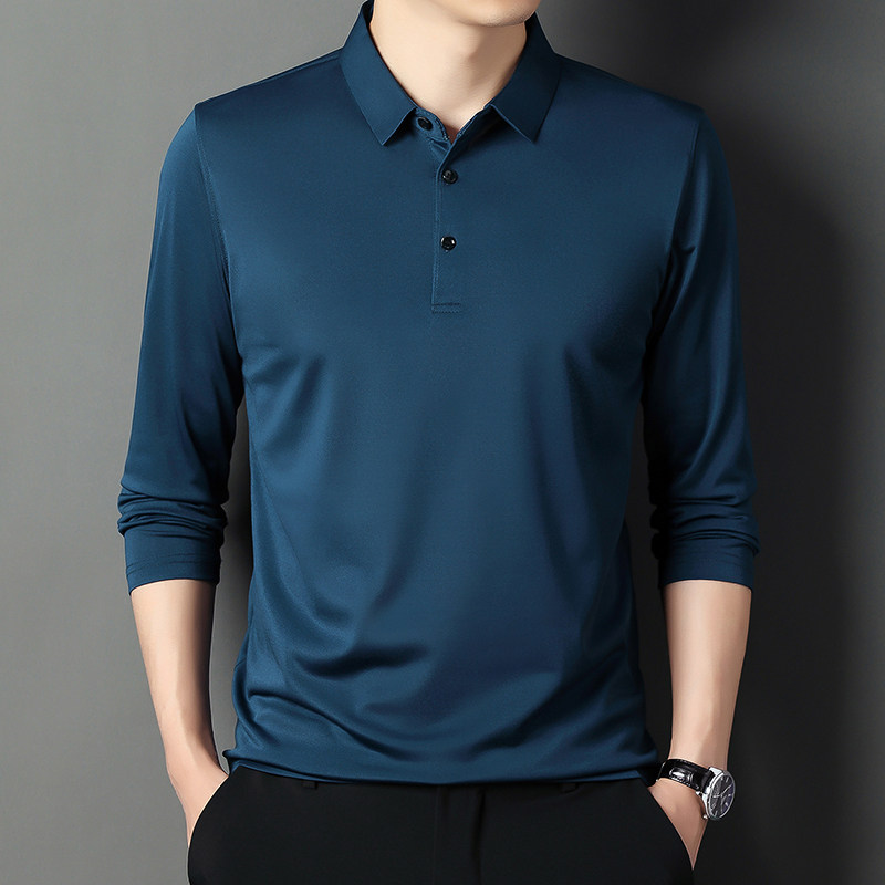 冰丝薄款长袖t恤男士春秋款休闲纯色爸爸装中老年翻领Polo打底衫,淘宝优惠券,粉丝福利购,淘宝优惠卷