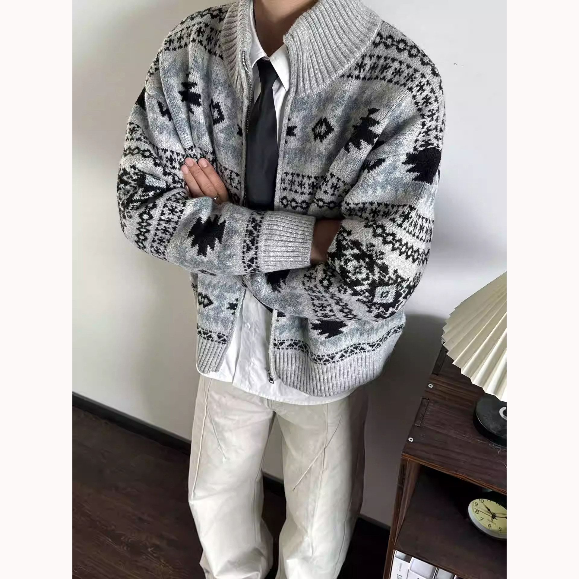 美式复古立领费尔岛提花开衫毛衣男针织衫夹克宽松保暖外套毛线衣,淘宝优惠券,粉丝福利购,淘宝优惠卷