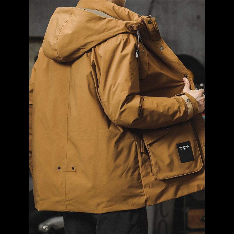 冬季连帽羽绒服男中长款美式派克工装复古保暖加厚户外休闲冲锋衣 - 图0