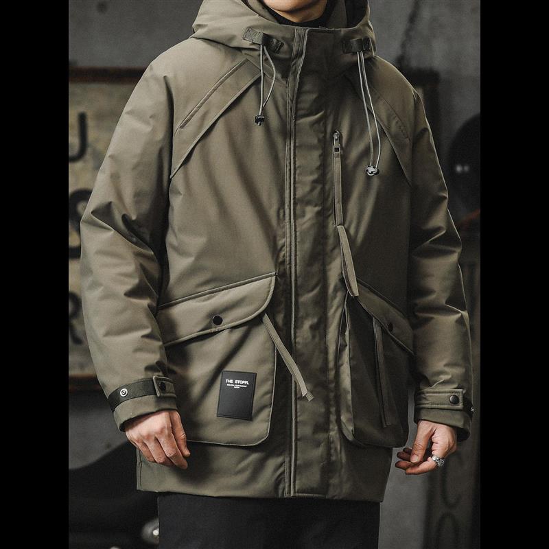 冬季连帽羽绒服男中长款美式派克工装复古保暖加厚户外休闲冲锋衣 - 图2