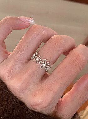 蕾丝花环甜美银色宽边花朵闪钻戒指女小众设计轻奢食指戒2026新款