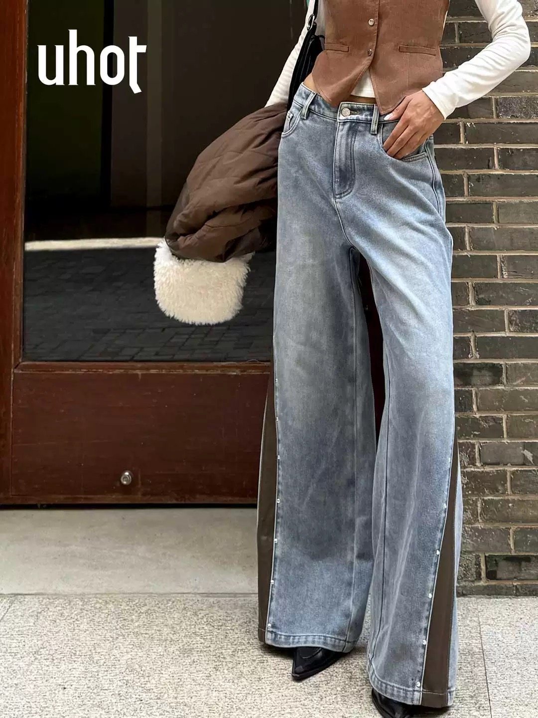 uhot/诱货蓝色拼皮水洗阔腿牛仔裤女复古撞钉微喇气质 UWWW1K696M,淘宝优惠券,粉丝福利购,淘宝优惠卷
