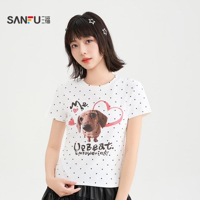 ເສື້ອຍືດສັ້ນ Sanfu 2026 summer street fashion cute puppy print round neck fitted top women's 524347