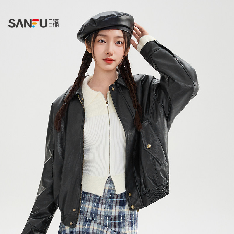 三福皮衣外套女2025新款冬季时尚简约翻领加绒黑色夹克女装849952,淘宝优惠券,粉丝福利购,淘宝优惠卷