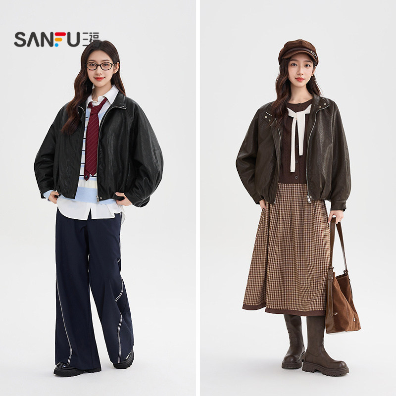 三福皮衣外套2025新款冬季复古宽松加绒保暖软皮衣夹克女装513300,淘宝优惠券,粉丝福利购,淘宝优惠卷