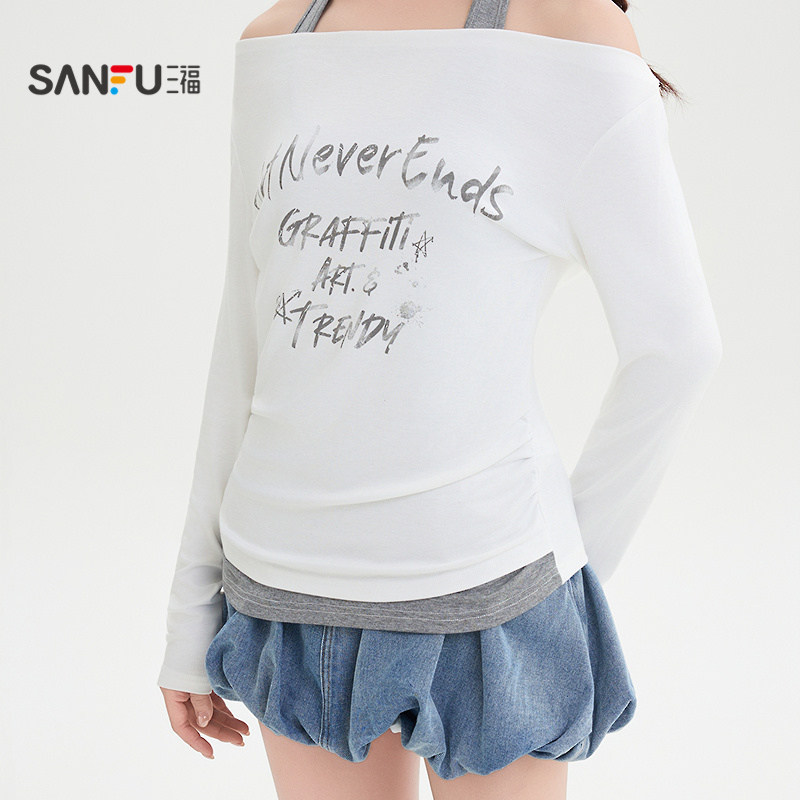 三福长袖T恤2025新款秋季小众涂鸦英文挂脖一字肩上衣女装507710