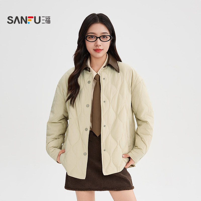 三福羽绒服女款2025冬季新款小个子皮翻领衬衫式轻薄保暖外套女装