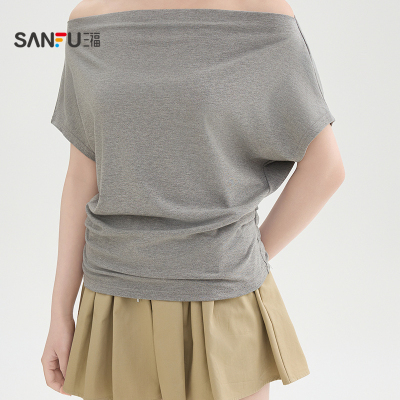 三福一字肩短袖2026新款夏季气质纯色荡领收腰t恤上衣女装517882