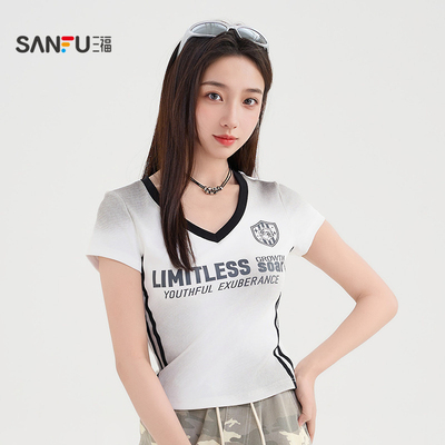 三福短袖T恤2025新款夏季美式个性喷绘V领短款杠条上衣女装501205
