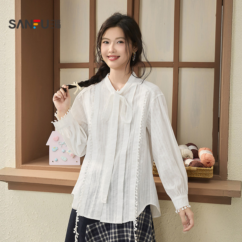 三福白色衬衫女2026新款春季小球花边绑带领口休闲上衣女装515487,淘宝优惠券,粉丝福利购,淘宝优惠卷