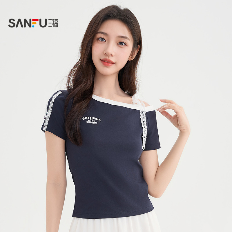 三福T恤女2025新款夏季小众别致斜肩露肩短袖辣妹短款上衣女装