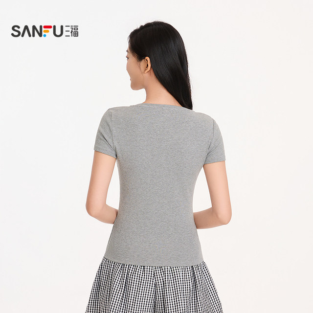 Sanfu ແມ່ຍິງ Summer Henley Collar ເສື້ອທີເຊີດແຂນສັ້ນຄົນອັບເດດ: ຄົນອັບເດດ: ງ່າຍດາຍ Casual Slim ດຽວທາງເທີງ 524694