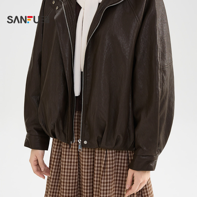 三福皮衣外套2025新款冬季复古宽松加绒保暖软皮衣夹克女装513300,淘宝优惠券,粉丝福利购,淘宝优惠卷