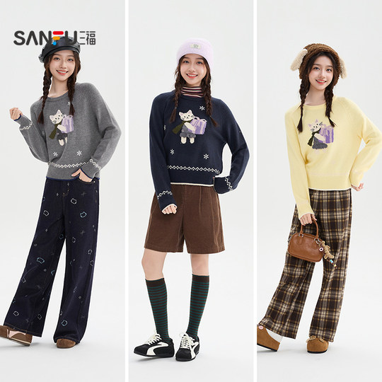 Sanfu sweater 2025 new winter small cat pattern round neck loose pullover top for women 510502