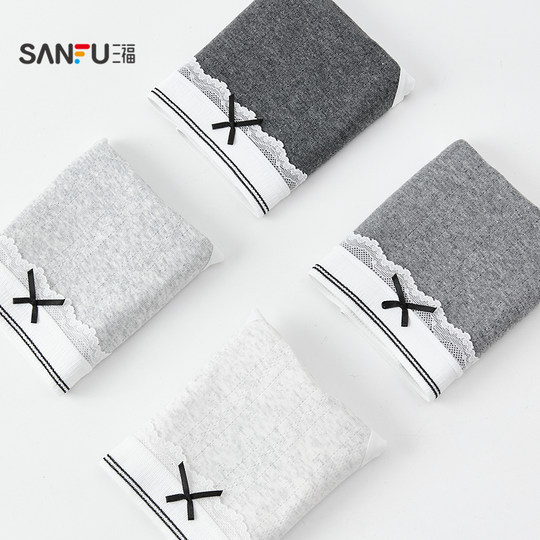 Sanfu women's low-waist butt-covering underwear Gray solid color small lace edge breathable cotton semi-boxer briefs 504275