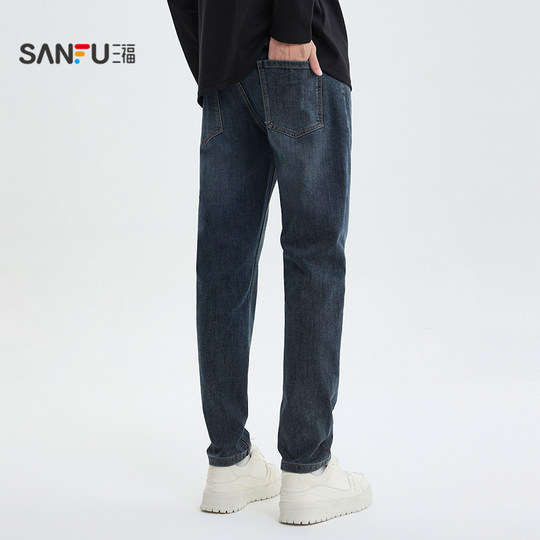 Sanfu 2025 Winter Simple Slim Fit Pintail Jeans Urban Commuting Straight Waist Pants Men's 510105
