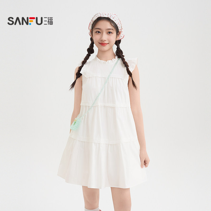 三福小飞袖连衣裙2026新款夏季蕾丝拼接A字宽松娃娃裙女装519311