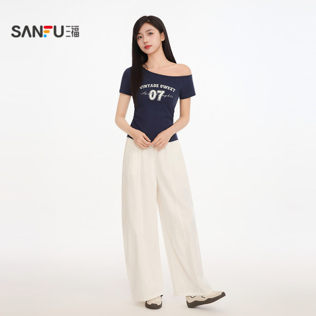 Sanfu slanted shoulder high-sleeved singlet sweet cool digital print pleated waist slim top for women 514724
