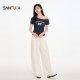 Sanfu slanted shoulder high-sleeved singlet sweet cool digital print pleated waist slim top for women 514724