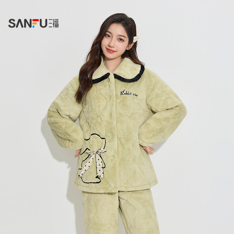三福女冬季保暖夹棉睡衣套装 宽松棉袄甜美外穿家居服女514627,淘宝优惠券,粉丝福利购,淘宝优惠卷