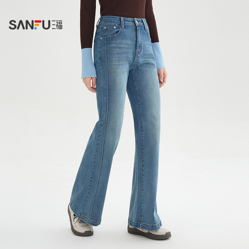 三福牛仔裤2026新款春季时尚潮流分割线喇叭裤蓝色裤子女装515830