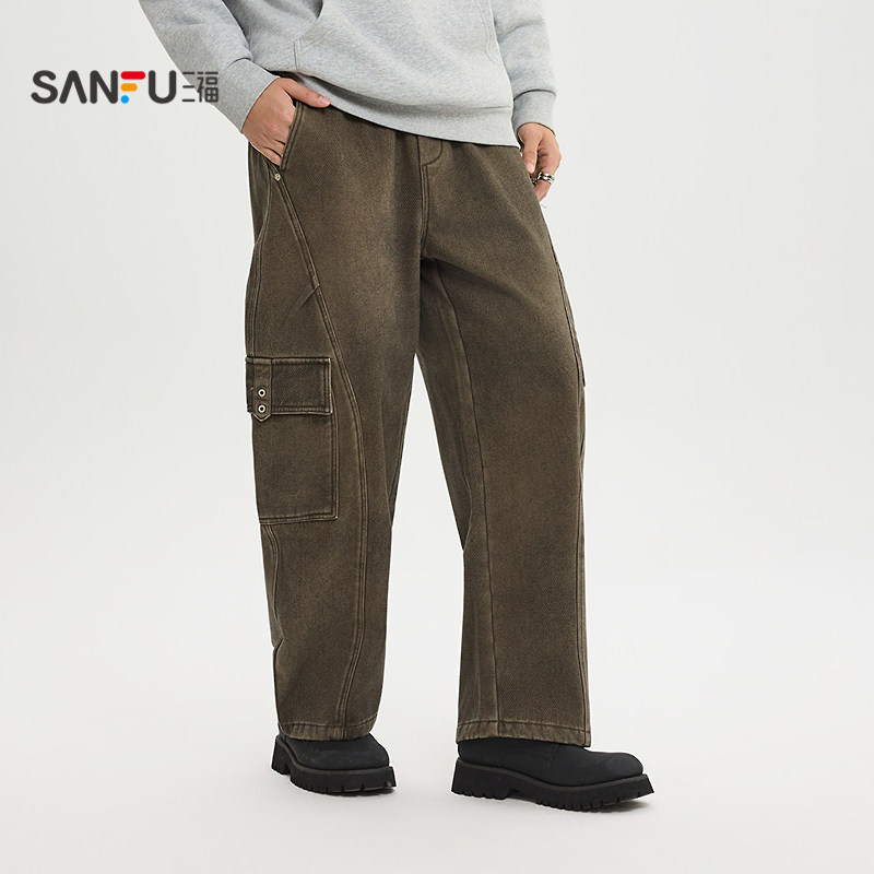 三福2025冬季男士分割结构弯刀休闲裤 街潮宽松工装裤513344,淘宝优惠券,粉丝福利购,淘宝优惠卷