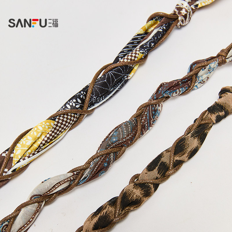 三福女皮带2025冬季游牧风丝巾串珠撞色时尚pu女士腰带512286