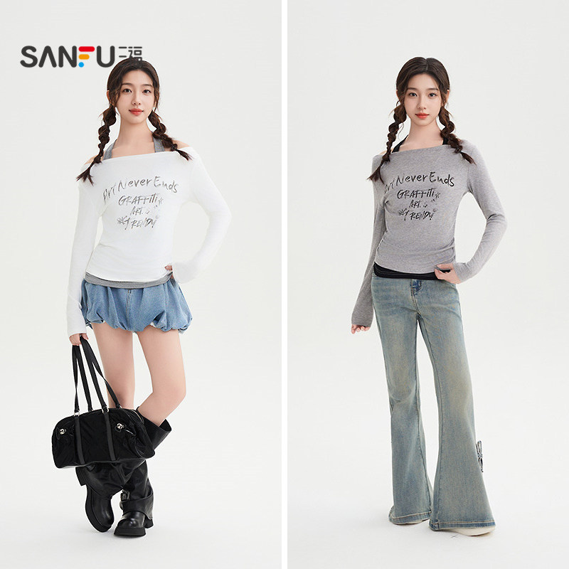 三福长袖T恤2025新款秋季小众涂鸦英文挂脖一字肩上衣女装507710