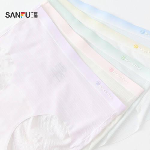 三福女中腰包臀内裤 渐变腰头印花格纹随意裁无痕半平角裤497778 - 图1