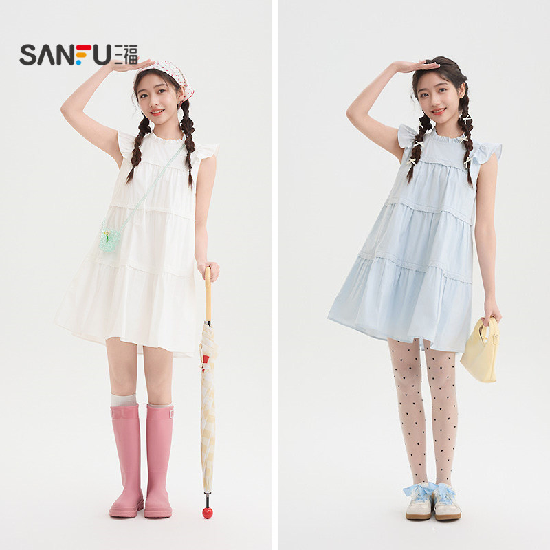 三福小飞袖连衣裙2026新款夏季蕾丝拼接A字宽松娃娃裙女装519311