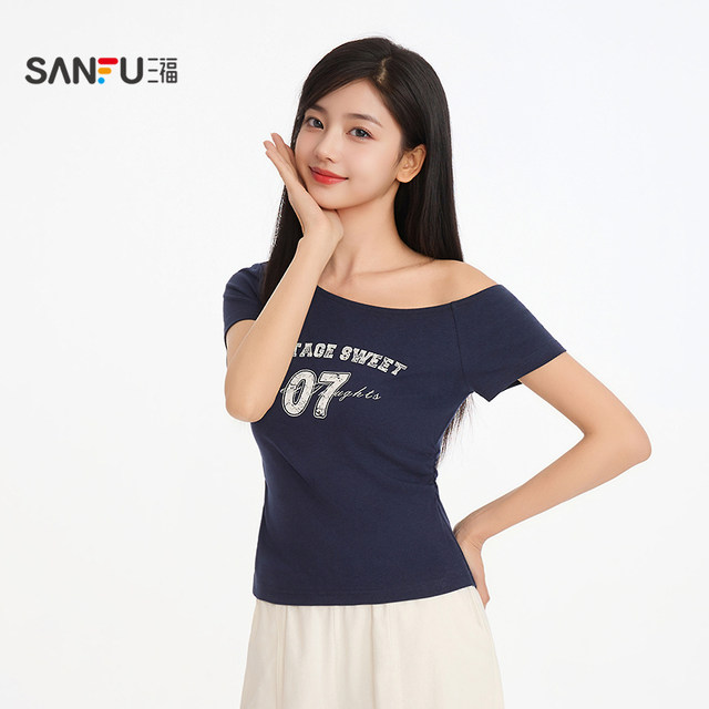 Sanfu slanted shoulder high-sleeved singlet sweet cool digital print pleated waist slim top for women 514724