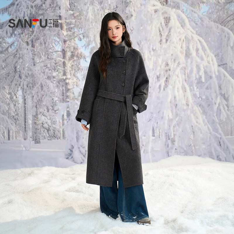 三福毛呢大衣2025新款冬季韩系气质大翻领宽松呢子外套女装514026,淘宝优惠券,粉丝福利购,淘宝优惠卷