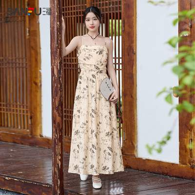 三福连衣裙2024新款女夏季小众设计新中式气质修身吊带长裙子女装