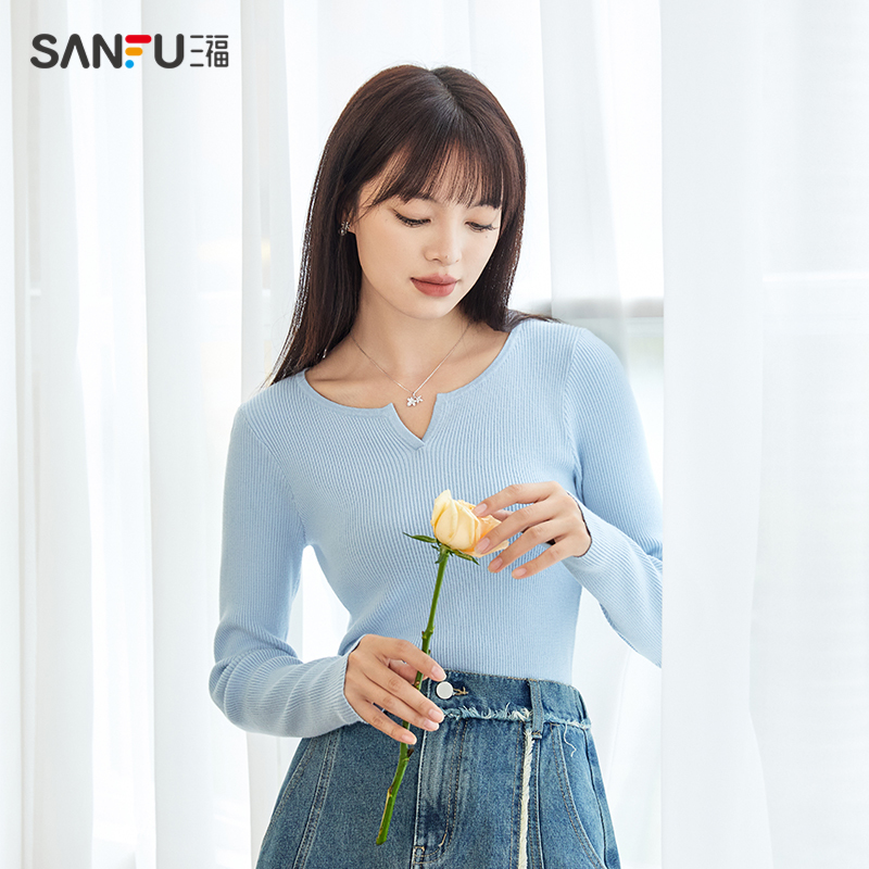 三福气质V领百搭针织上衣