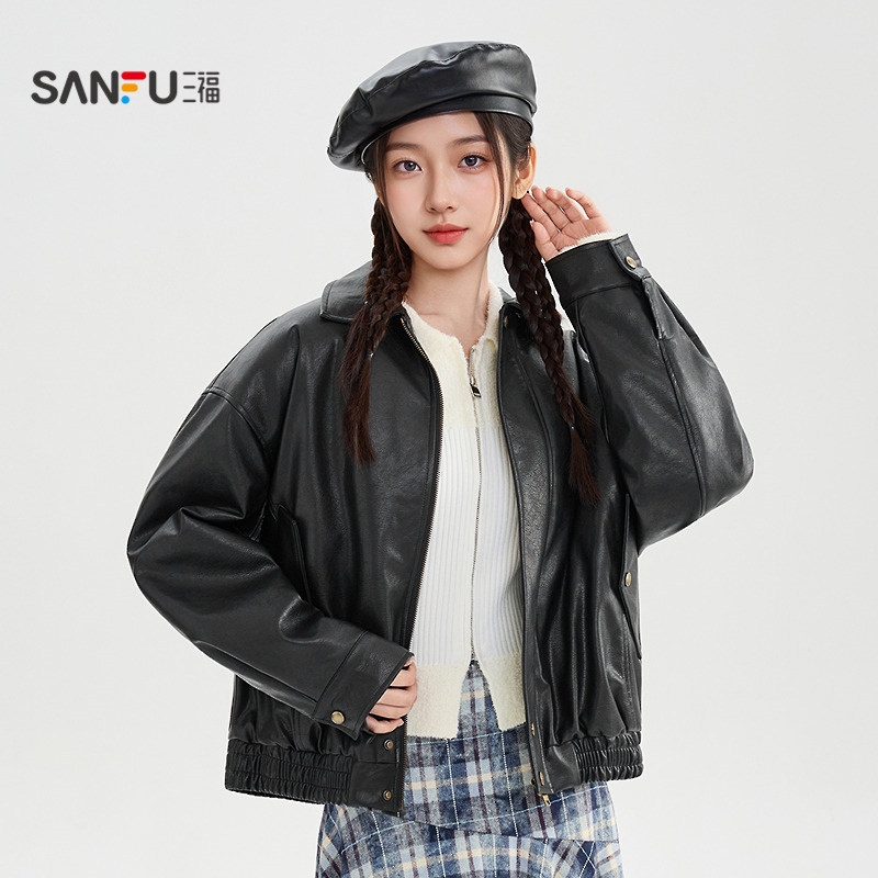 三福皮衣外套女2025新款冬季时尚简约翻领加绒黑色夹克女装849952,淘宝优惠券,粉丝福利购,淘宝优惠卷