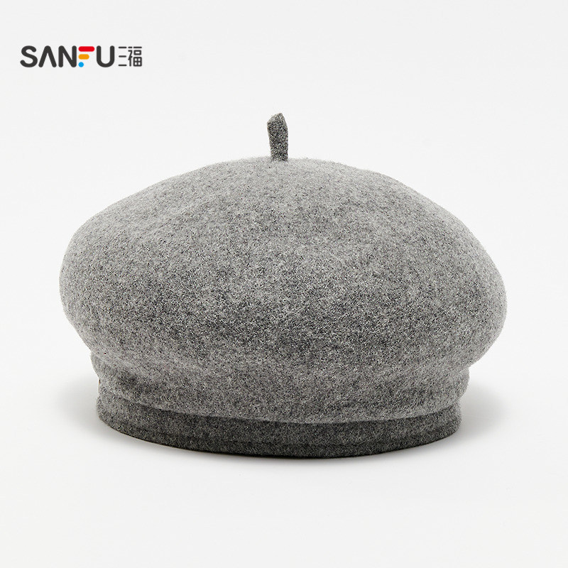 三福贝雷帽淑女港风气质保暖灰色红色羊毛帽子冬季2025新款847607