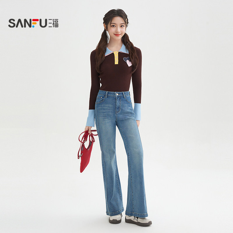 三福牛仔裤2026新款春季时尚潮流分割线喇叭裤蓝色裤子女装515830
